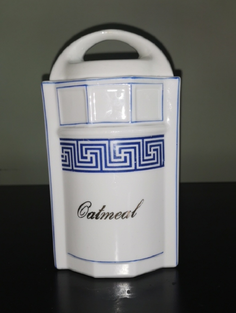 White Ceramic Oatmeal Canister with Blue Greek Key Trim Made in Germany